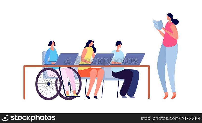 Accessible environment. Disabled child in school, collaborative learning and integration. Disability problems, kids adaptation vector illustration. School with handicapped person in wheelchair. Accessible environment. Disabled child in school, collaborative learning and integration. Disability problems, kids adaptation vector illustration