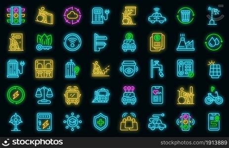 Accessible environment icons set. Outline set of Accessible environment vector icons neon color on black. Accessible environment icons set vector neon