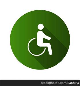 Accessible flat design long shadow glyph icon. Disability. Disabled person. Handicap. Man in wheelchair. Vector silhouette illustration. Accessible flat design long shadow glyph icon