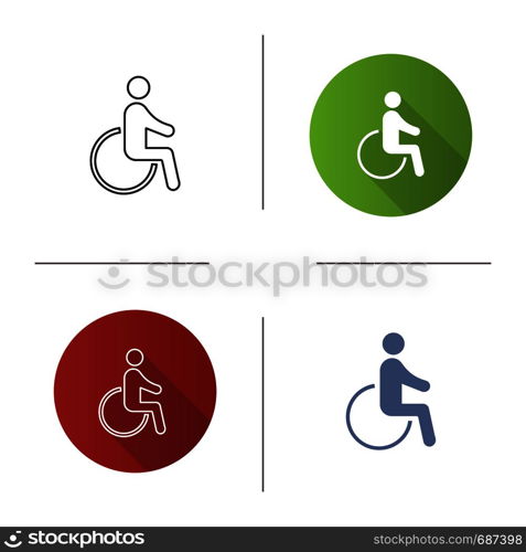 Accessible icon. Disability. Disabled person. Handicap. Man in wheelchair. Flat design, linear and color styles. Isolated vector illustrations. Accessible icon