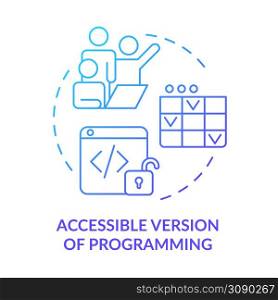 Accessible version of programming blue gradient concept icon. Easy way to code. Tech macro trends abstract idea thin line illustration. Isolated outline drawing. Myriad Pro-Bold font used. Accessible version of programming blue gradient concept icon