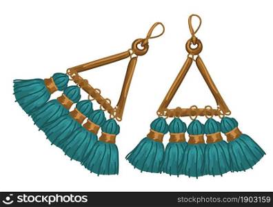 Accessories and jewelry of Indian girls, isolated pair of earrings made of gold and cloth. Bohemian fashion, trends and traditional adornment for women and girls in India. Vector in flat style. Indian gold earrings, jewelry and accessories