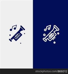 Accessories, Car, Horn, Noise, Trumpet Line and Glyph Solid icon Blue banner Line and Glyph Solid icon Blue banner