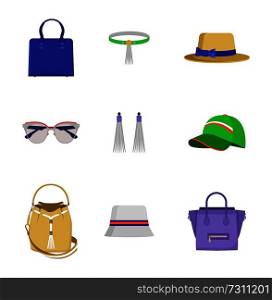 Accessories collection poster, bag and glasses, hat and earrings with bracelet, items for women, vector illustration isolated on white background. Accessories Collection Poster Vector Illustration