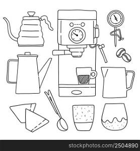Accessories for coffee lineart, black and white doodle vector illustration