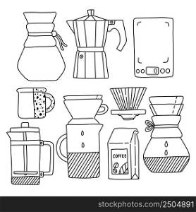 Accessories for coffee lineart, black and white doodle vector illustration