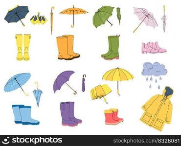 Accessories for rainy weather. Rain boots, raincoat and umbrella. Rubber footwear, folded and open parasol vector Illustration set of umbrella and raincoat, rainy accessory. Accessories for rainy weather. Rain boots, raincoat and umbrella. Rubber footwear, folded and open parasol vector Illustration set