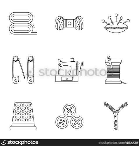 Accessories for sewing workshop icons set. Outline illustration of 9 accessories for sewing workshop vector icons for web. Accessories for sewing workshop icons set