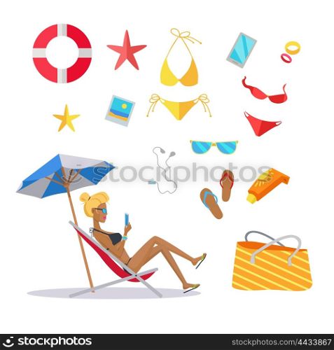 Accessories for the summer holidays design flat. Ball for beach volleyball, life buoy and flip-flops, sunglasses and inflatable ice cream woman isolated on white background. Vector illustration