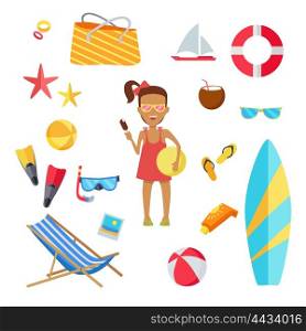 Accessories for the summer holidays design flat. Ball for beach volleyball, life buoy and flip-flops, sunglasses and inflatable ice cream girl isolated on white background. Vector illustration