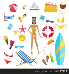 Accessories for the summer holidays design flat. Ball for beach volleyball, life buoy and flip-flops, sunglasses and inflatable ice cream woman isolated on white background. Vector illustration