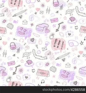 Accessories Grunge background. Set of elements signs and symbols. Hand drawn seamless pattern.