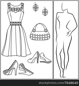 Accessories on different things: dress, shoes, handbag and earring and abstract female outline along, vector illustration