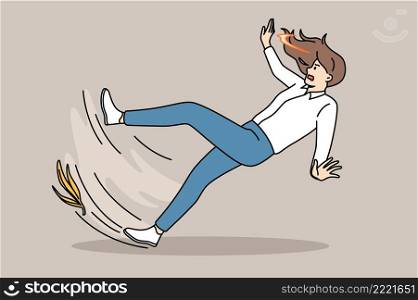 Accident and slippery floor concept. Frustrated stressed woman falling down with banana shelf at her foot suddenly falling vector illustration . Falling down and slippery floor concept