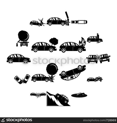 Accident car crash case icons set. Simple illustration of 16 accident car crash case vector icons for web. Accident car crash case icons set, simple style