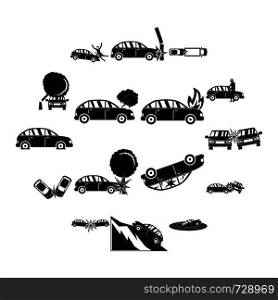 Accident car crash case icons set. Simple illustration of 16 accident car crash case vector icons for web. Accident car crash case icons set, simple style