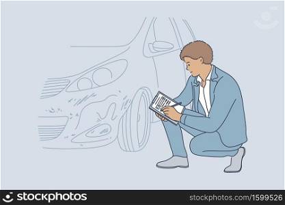 Accident, examination, checkup, automobile concept. Young professional african american man guy insurance agent examining transport vehicle after road collision and recording car damage on claim form.. Accident, examination, checkup, collision, automobile concept