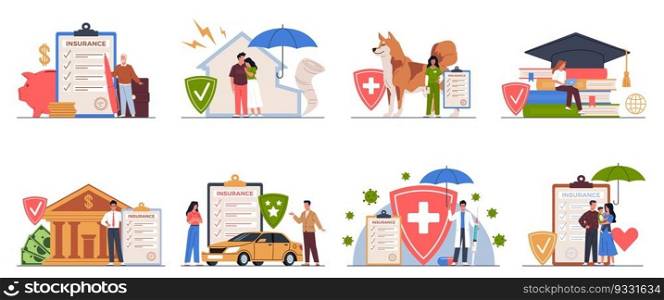 Accident insurance. Financial investments in different life spheres, people take care of property, health and pets. Safety shield and document. Cartoon flat style isolated nowaday vector concept set. Accident insurance. Financial investments in different life spheres, people take care of property, health and pets. Safety shield and document. Cartoon flat style isolated nowaday vector concept