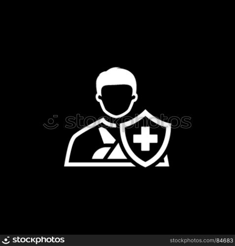 Accident Insurance Icon. Flat Design.. Accident Insurance Icon. Flat Design. Isolated Illustration. A man with a bandage on his hand and a shield with a cross in front.