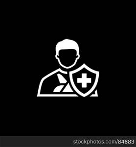 Accident Insurance Icon. Flat Design.. Accident Insurance Icon. Flat Design. Isolated Illustration. A man with a bandage on his hand and a shield with a cross in front.