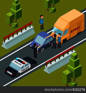 Accident on city road. Polices car and disasters vector isometric urban scene. Illustration of road car accident street. Accident on city road. Polices car and disasters vector isometric urban scene