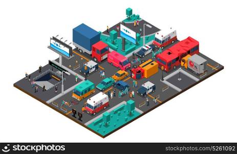 Accident On Crossroad Isometric Illustration. Accident on crossroad design with truck bus cars bicycle police and ambulance injured people isometric vector illustration