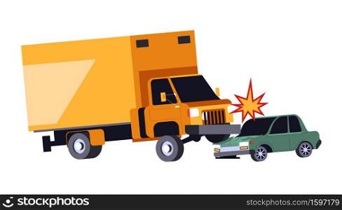 Accident on road, car crash with truck, damaged vehicle and insurance, isolated icon vector. Transportation, repair service, traffic incident and careless driving. Lorry hits vehicle, auto damage. Car crash, accident on road, lorry truck and vehicle hit