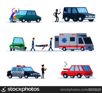 Accident on the road. Cars damage. Damage and crash automobile, police and destroy machine, vector illustration. Accident on the road. Cars damage