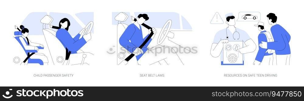 Accident prevention abstract concept vector illustration set. Child passenger safety, seat belt laws, resources on safe teen driving, reduce motor vehicle crash death abstract metaphor.. Accident prevention abstract concept vector illustrations.