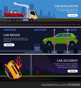 Accident road banners. Urban landscape with damaged cars crash broken transport vector pictures collection. Broken auto, transportation automobile to repair service illustration. Accident road banners. Urban landscape with damaged cars crash broken transport vector pictures collection