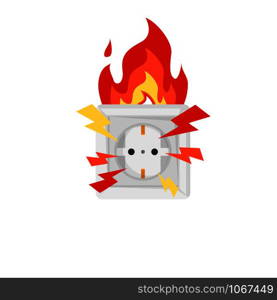 accident, socket on fire in flat style, vector. accident, socket on fire in flat style