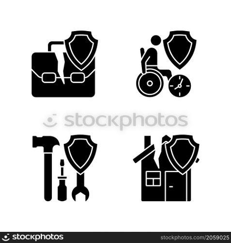 Accidents and insurance types black glyph icons set on white space. Customers financial protection policy. Payments for insurance cases. Silhouette symbols. Vector isolated illustration. Accidents and insurance types black glyph icons set on white space