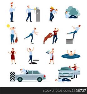 Accidents Injuries Dangers Decorative Icons Set. Accidents injuries dangers decorative icons set with fallings poisoning bites of animals road crashes isolated vector illustration