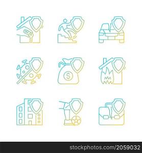 Accidents insurance cases gradient linear vector icons set. Insurance case coverage. Customer benefits. Customer safety. Thin line contour symbols bundle. Isolated outline illustrations collection. Accidents insurance cases gradient linear vector icons set