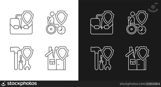 Accidents insurance cases linear icons set for dark and light mode. Financial support of customers. Safety policy. Customizable thin line symbols. Isolated vector outline illustrations. Accidents insurance cases linear icons set for dark and light mode
