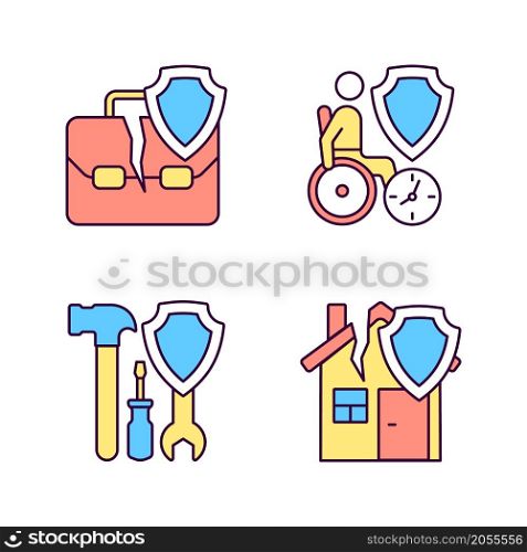 Accidents insurance cases RGB color icons set. Financial support of customers. Customers protection. Payments for insurance cases. Isolated vector illustrations. Simple filled line drawings collection. Accidents insurance cases RGB color icons set