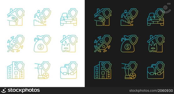 Accidents insurance policies gradient icons set for dark and light mode. Insurance case coverage. Thin line contour symbols bundle. Isolated vector outline illustrations collection on black and white. Accidents insurance policies gradient icons set for dark and light mode