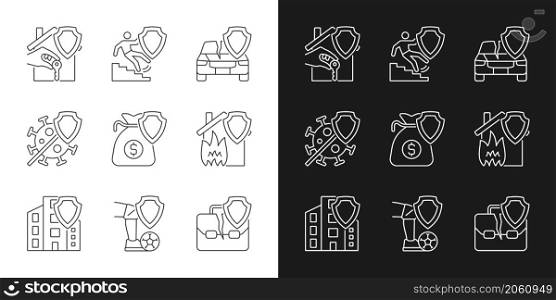 Accidents insurance policies linear icons set for dark and light mode. Insurance case coverage. Customer safety. Customizable thin line symbols. Isolated vector outline illustrations. Accidents insurance policies linear icons set for dark and light mode