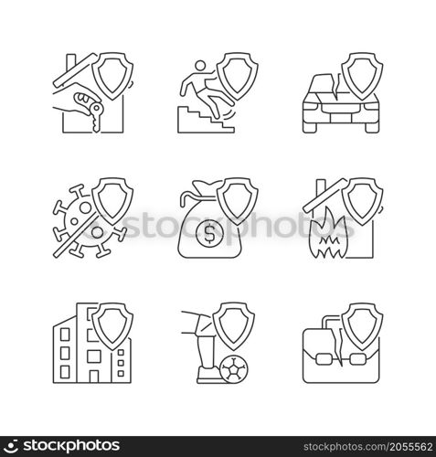 Accidents insurance policies linear icons set. Insurance case coverage. Safety policy for customer. Customer safety. Customizable thin line contour symbols. Isolated vector outline illustrations. Accidents insurance policies linear icons set