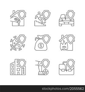 Accidents insurance policies linear icons set. Insurance case coverage. Safety policy for customer. Customer safety. Customizable thin line contour symbols. Isolated vector outline illustrations. Accidents insurance policies linear icons set