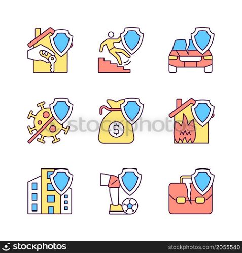 Accidents insurance policies RGB color icons set. Insurance case coverage. Insurance policy to protect customer. Customer safety. Isolated vector illustrations. Simple filled line drawings collection. Accidents insurance policies RGB color icons set