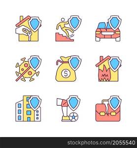 Accidents insurance policies RGB color icons set. Insurance case coverage. Insurance policy to protect customer. Customer safety. Isolated vector illustrations. Simple filled line drawings collection. Accidents insurance policies RGB color icons set