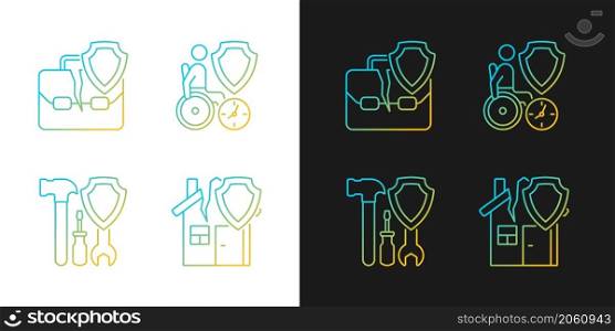 Accidents insurance types gradient icons set for dark and light mode. Customers financial support. Thin line contour symbols bundle. Isolated vector outline illustrations collection on black and white. Accidents insurance types gradient icons set for dark and light mode