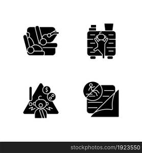 Accidents prevention black glyph icons set on white space. Falling and choking precaution. Child safety. Car seat and belt to protect kid in car. Silhouette symbols. Vector isolated illustration. Accidents prevention black glyph icons set on white space