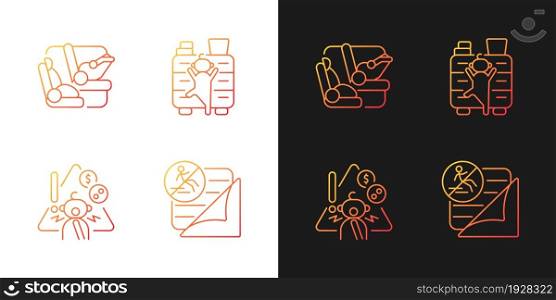 Accidents prevention gradient icons set for dark and light mode. Falling and choking precaution. Thin line contour symbols bundle. Isolated vector outline illustrations collection on black and white. Accidents prevention gradient icons set for dark and light mode