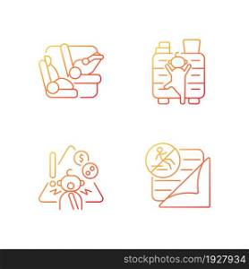 Accidents prevention gradient linear vector icons set. Choking precaution. Car seat and belt to protect kid in car. Thin line contour symbols bundle. Isolated outline illustrations collection. Accidents prevention gradient linear vector icons set