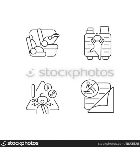 Accidents prevention linear icons set. Falling precaution. Car seat and belt to protect kid in car. Customizable thin line contour symbols. Isolated vector outline illustrations. Editable stroke. Accidents prevention linear icons set