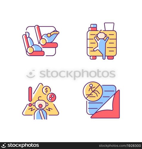 Accidents prevention RGB color icons set. Falling and choking precaution. Child safety. Car seat and belt to protect kid in car. Isolated vector illustrations. Simple filled line drawings collection. Accidents prevention RGB color icons set