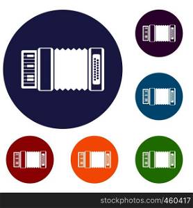 Accordion icons set in flat circle reb, blue and green color for web. Accordion icons set