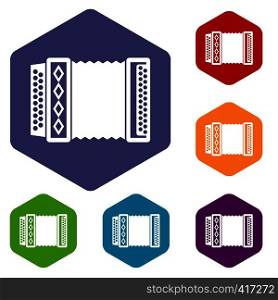 Accordion icons set rhombus in different colors isolated on white background. Accordion icons set